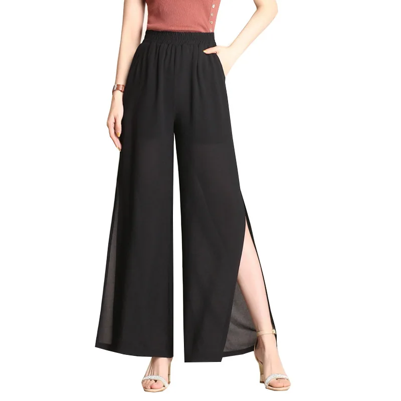 

Summer Casual Wide LegPants Womens Fashion High Waist Side Split Black Chiffon Pants Female Trousers Pantalon Femme Plus Size
