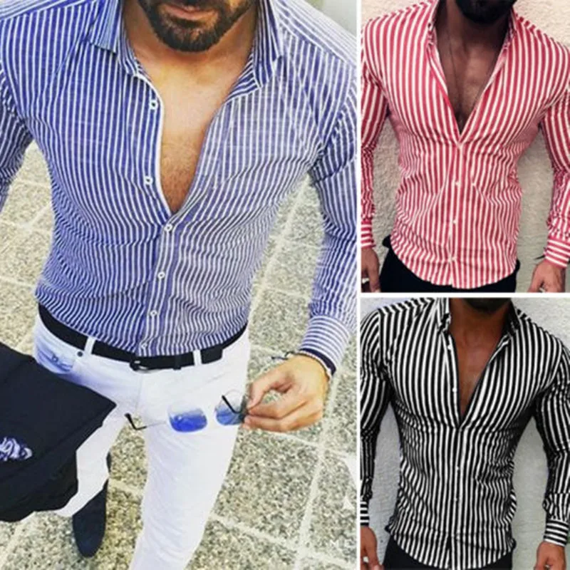 2019 Fashion Men Stripe Long Sleeve European Standard Slim Fit Formal Tops Spring Three Colors Men 2
