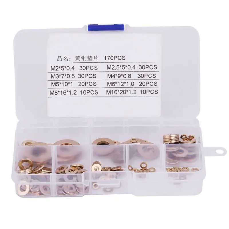 

180Pcs Brass Washers Flat Washer w/ Box Assortment Kit M2/M2.5/M3/M4/M5/M6/M8/M10 washer gasket Fastener