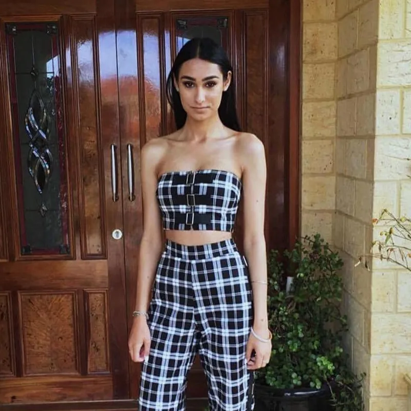

Women Houndstooth Two Piece Set Top and Pant Sexy Plaid Strapless Cropped Tops 2019 Summer New Female 3 pcs Skirt Suit Clothes