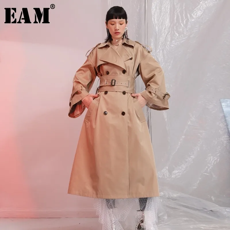 

[EAM] 2019 New Spring Lape Long Sleeve Double Breasted Belt Loose Big Size Long Camel Windbreaker Women Coat Fashion Tide JE6880