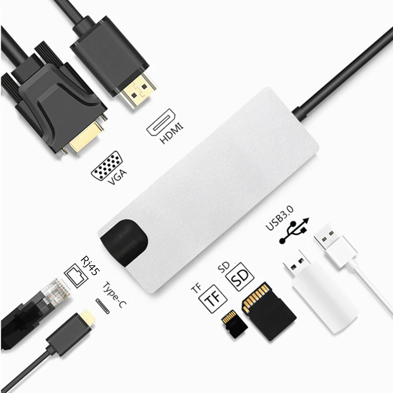 Trumsoon Type-C to HDMI USB3.0 VGA Hub Adapter SD TF Card Reader RJ45 Type-C Charging for MacBook Samsung S8 Huawei P20 matebook Trumsoon Type-C to HDMI USB3.0 VGA Hub Adapter SD TF Card Reader RJ45 Type-C Charging for MacBook Samsung S8 Huawei P20 matebook