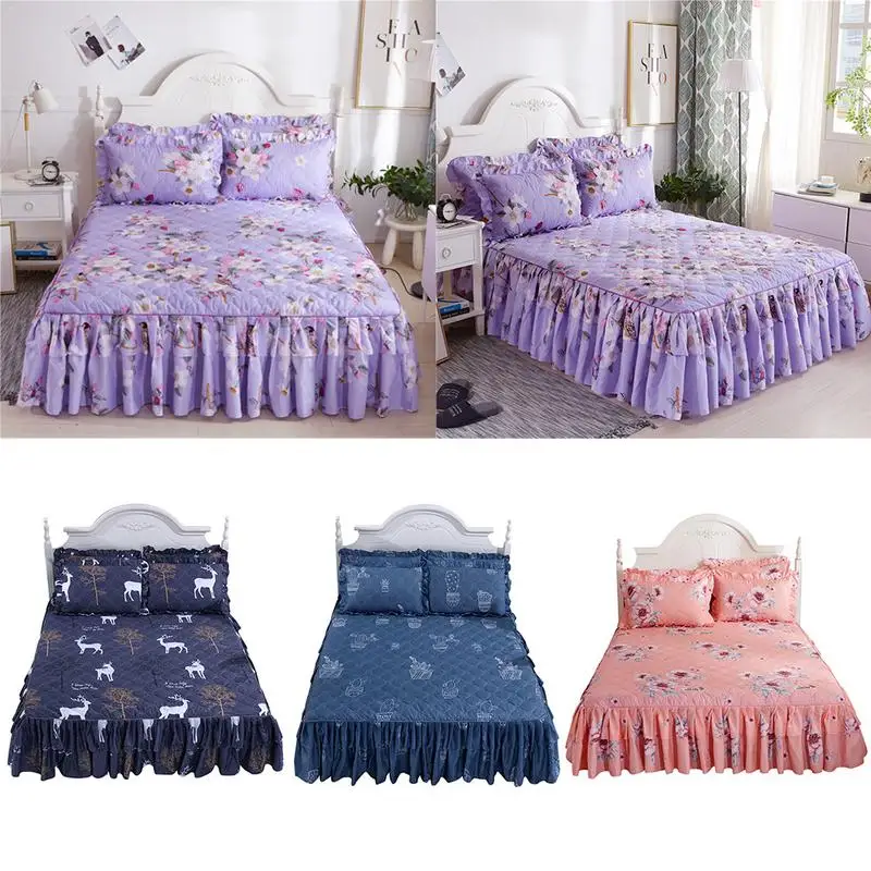 Flower Cashmere Double Bed Skirt Pillowcase Dust Ruffle Bedspread
