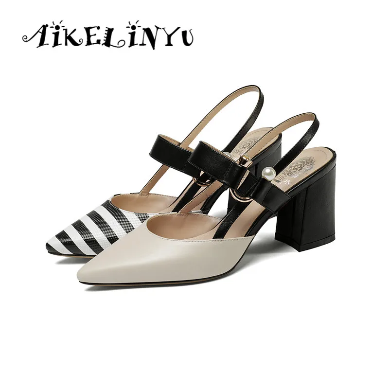 

AIKELINYU Women's Pointed Toe Mixed Color Sandals Lady Genuine Leather Square Heel Summer Shoes Women Fashion Roman Style Sandal