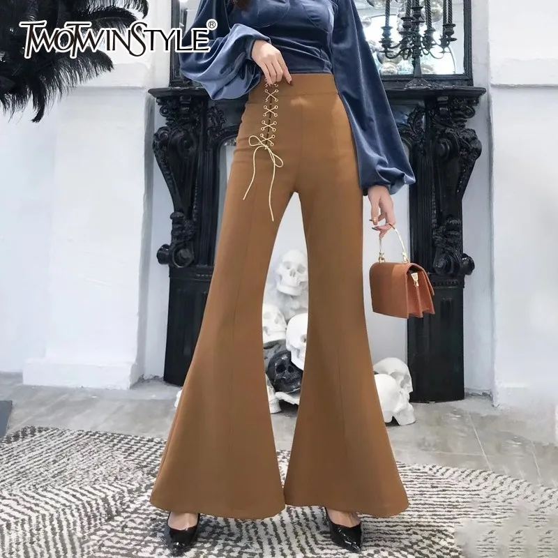 Женские брюки с завышенной талией TWOTWINSTYLE черные повседневные длинные клеш