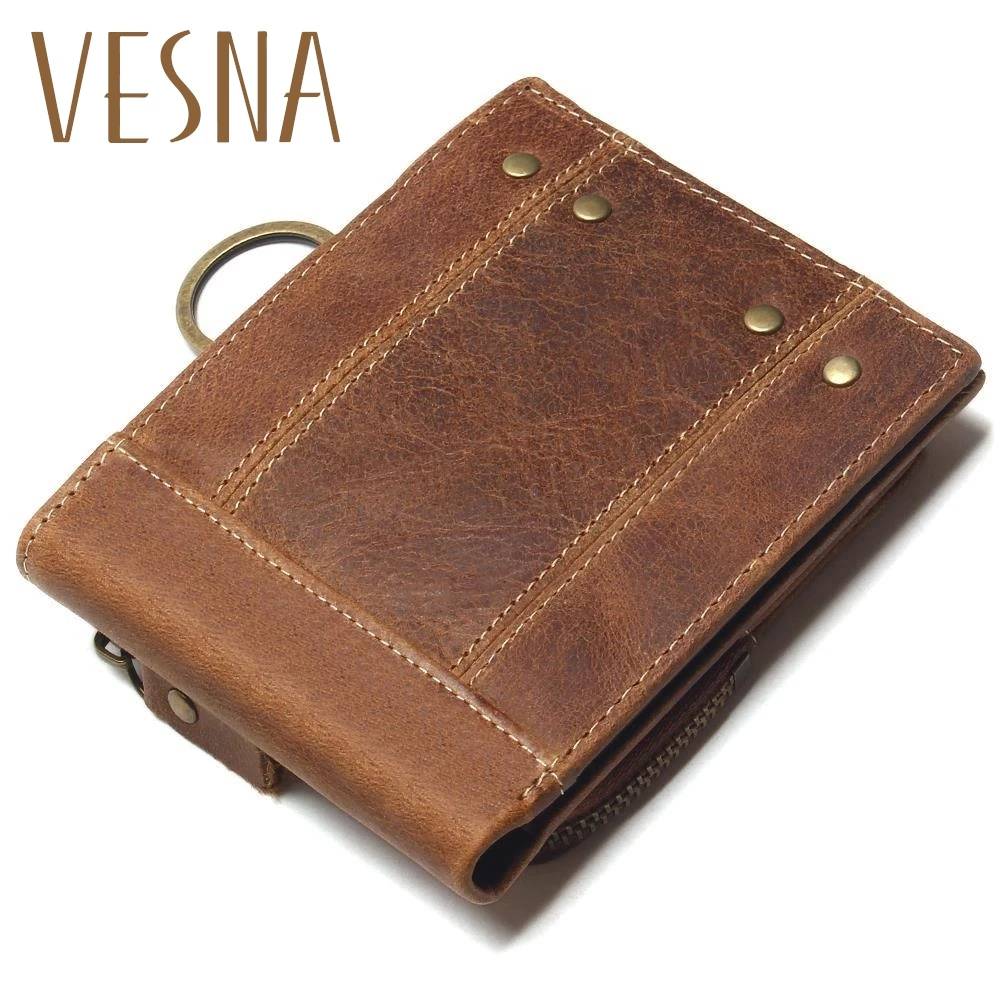 

2019 Vintage Genuine Leather Men Wallets Removable Card ID Holders With Key Chain Short Bifold Male Organizer Walets Coin Bag