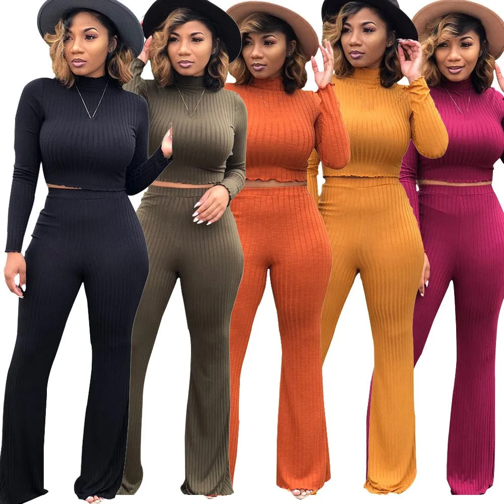 

2019 Autumn Winter Sexy Thin Knit Pants 2 Piece Sets Women Causal Turtleneck Crop Top+High Waist Wide Leg Pants Loose Suits