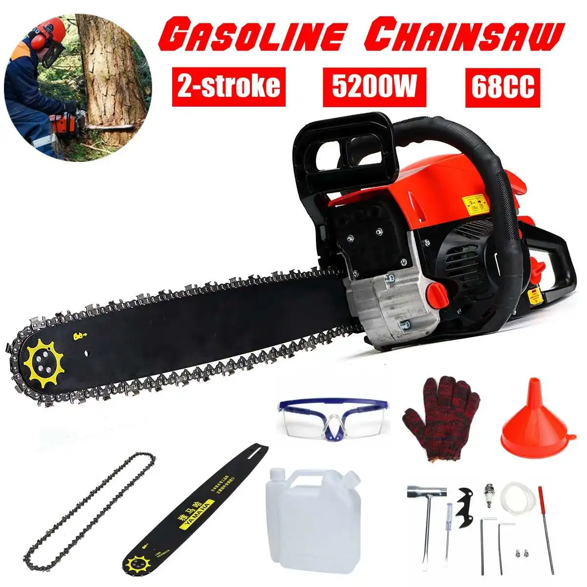 

Professional Wood cutter 5200W 68CC, Mini Gasoline Chainsaw Machine Cutting Wood 2-stroke Gas Chain Saw with 20" Blade