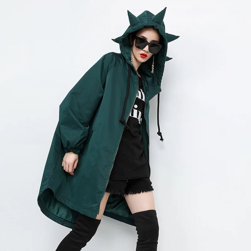 Manteau Tranchée Vert noir Capuche Lâche Cardigan Marque Coupe Hip vent Ourlet Noir vert Automne Asymétrique À Hop Marée 1072 qZWawzvBn8