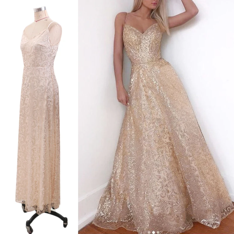 

Women's Wedding Deep V Neck Sleeveless Lady Dress Tulle Sling Pendulum Evening Gold Dress
