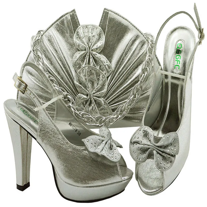 

MM1079 New arrival silver Mary Janes African shoes and bags set for wedding/party