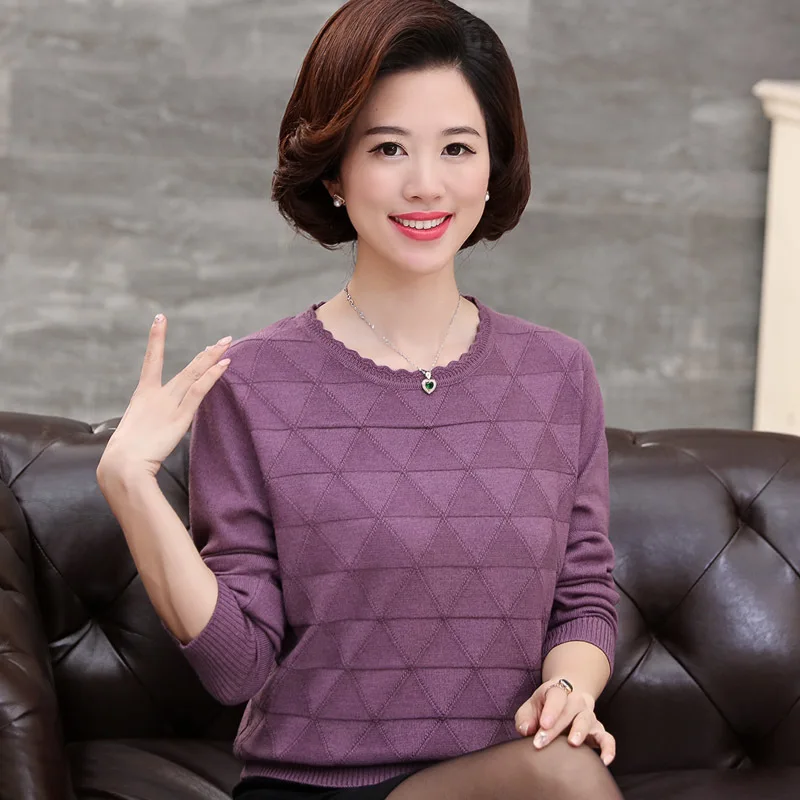 

Fashion O-neck Sweater Tops 2019 Autumn Winter Middle Aged Women Knitted Pullovers Long Sleeve Jumper Pull Femme Clothing