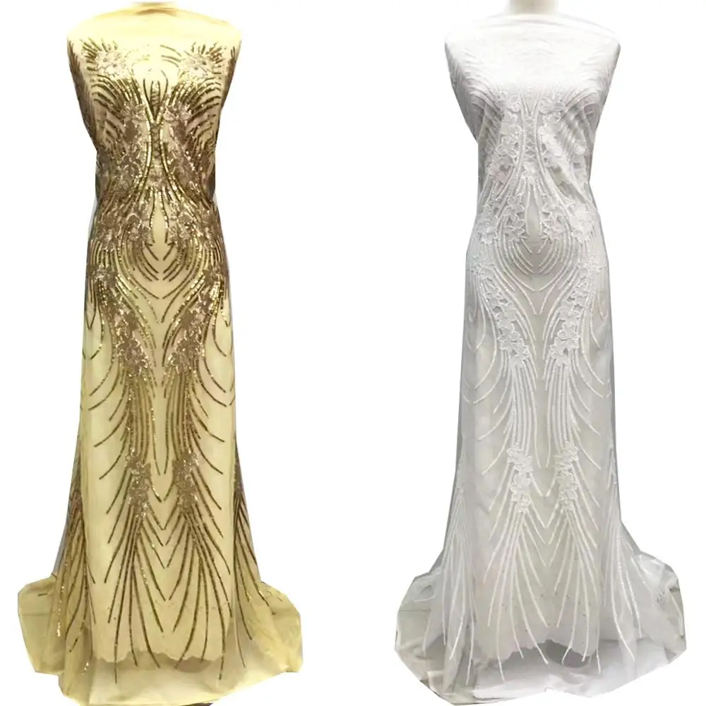 

White Gold Sequin Lace Fabric High Quality African Evening Dress Fabric Nigerian Lace Fabrics Embroidered Mesh Fabric For Dress