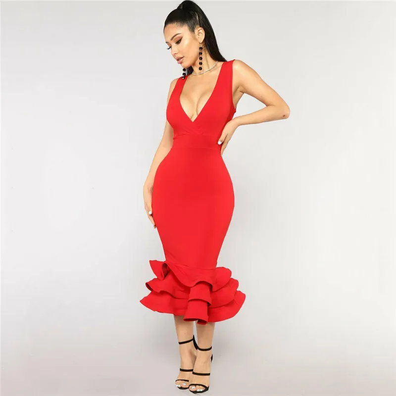 

Elegant v neck long dresses Ruffles high waist women dresses Evening party female sexy maxi dress vestidos festa 2019