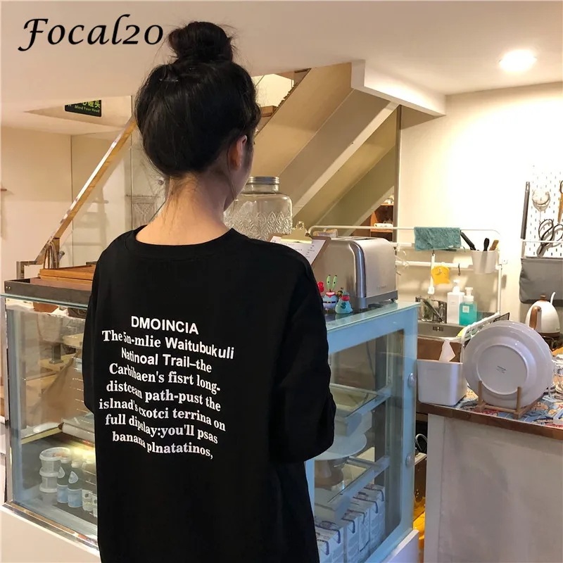 Focal20 Harajuku Stripe Patchwork Letter Female T Shirts Fake Two Pieces Crew Neck Long Sleeve Summer Spring Loose Women T-shirt