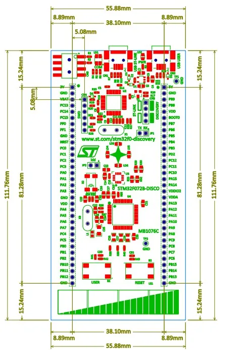 STM32F072B-DISCO board dimensions