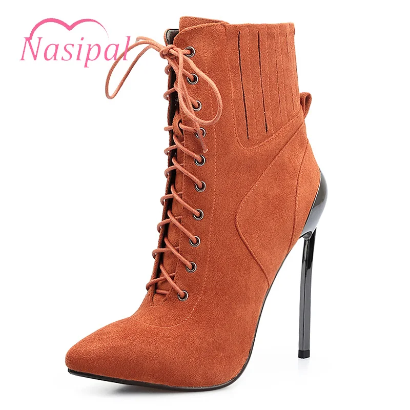 

Nasipal 2018 Autumn High-heeled Pointed toe Zipper Women's Stiletto Boots Slim Black Female Martin Boots Lace Up Ankle Boots