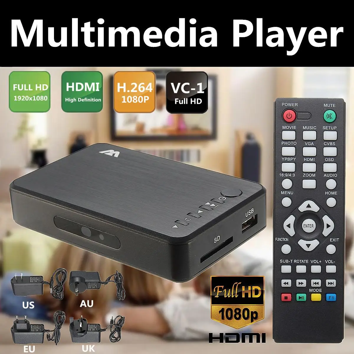 Full 1080P HD мультимедийный плеер HDMI/VGA/AV с пультом дистанционного управления TV BOX 3 FAT32
