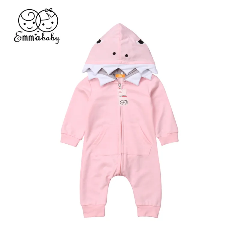 

Cute Newborn Infant Baby Boy Girl Shark Rompers ropa bebe zipper cotton Pink Grey Winter hooded romper bebe boy Clothes Jumpsuit