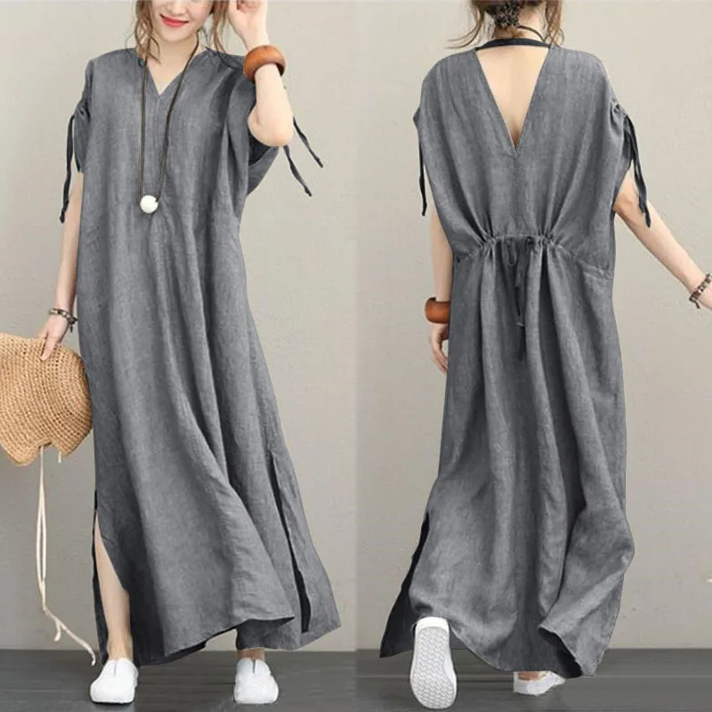 

ZANZEA 2019 Summer Fashion Split Party Sundress Women Casual Solid Long Maxi Dress Ladies V Neck Short Sleeve Loose Vestidos