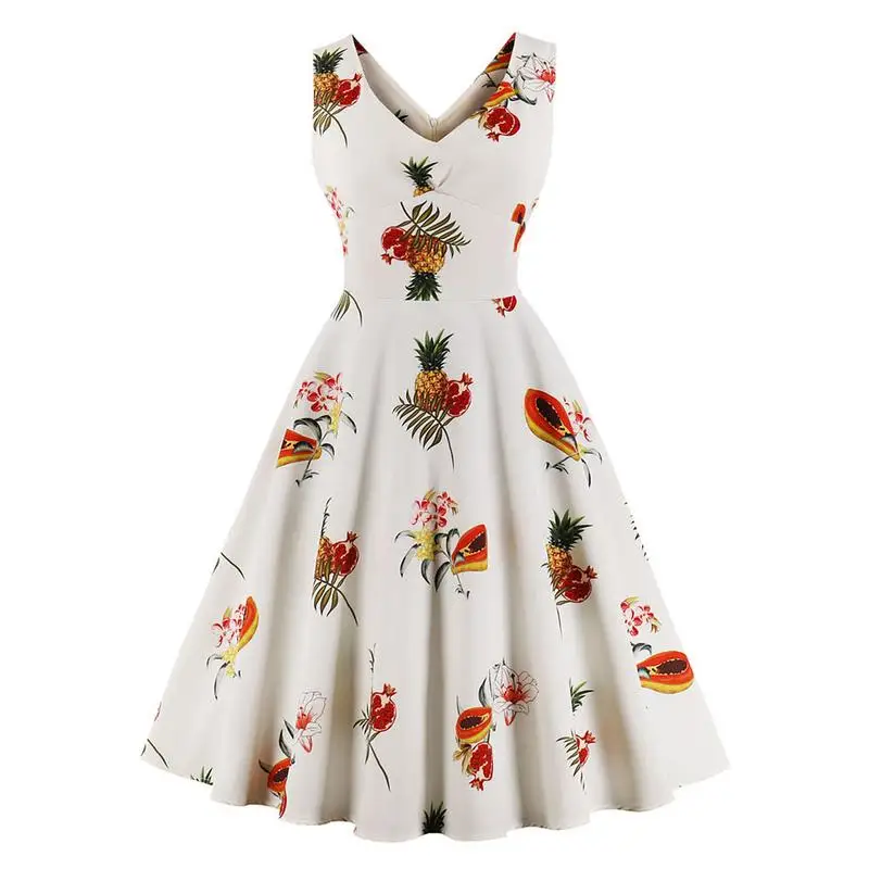 

Sexy V Neck Fruit Print Sleeveless Flare Dress For Women Ladies Female Summer Fashion Vintage Elegant Formal Party Club Dresses