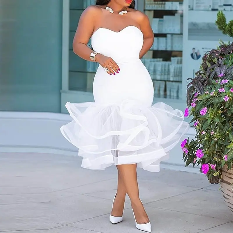 

Strapless Bodycon Dress Women 2019 New Prom Sexy Off Shoulder White Elegant Evening Mesh Ruffle Fashion Summer Bandage Dresses