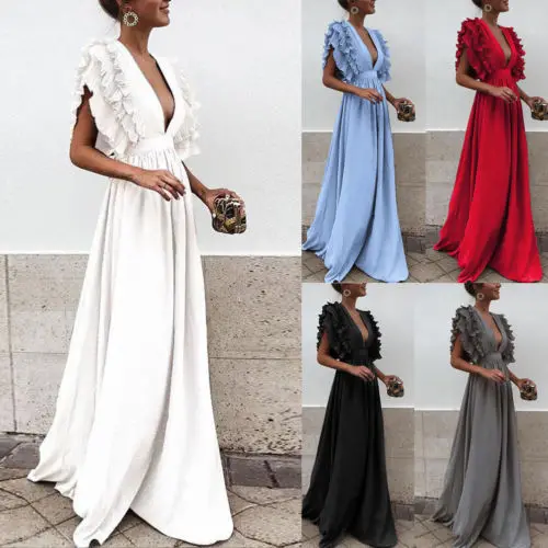

Fashion Women Ladies Deep V Neck Solid Party Long Dress Ruffles Detail Long Sleeve Dresses Bodycon Evening