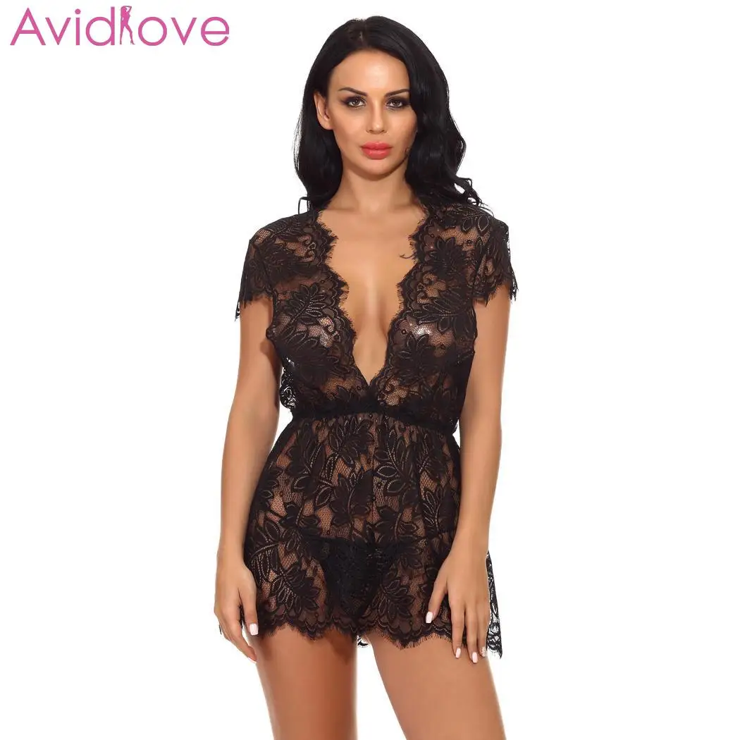 

Avidlove Sexy Sleepwear Women Sexy Lingerie Deep V Neck Lace Floral See Through Nightwear Babydoll Lingerie Dress
