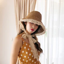 [Супер Seabob] сезон: весна-лето новые женские стильные верблюд цвет сращены кружево бинты соломы рабака Солнца шляпа универсальные LI962