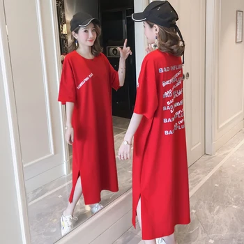 #4941 Summer 2020 Straight Red T Shirt Dress For Women Short Sleeves Round Neck Letters Printed Midi Dresses Ladies Cotton Split red round neck flared sleeves blouse