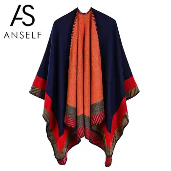 

Vintage Women Knitted Shawl Poncho Faux Cashmere Plaid Stripes Open Front Kimono Autumn Winter Warm Cape Blanket Square Scarf
