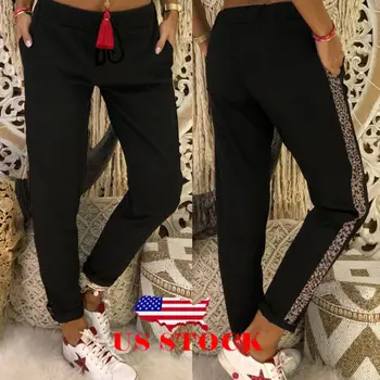 

US Womens Leopard Casual Drawstring Elastic Long Pants Ladies Pencil Trousers