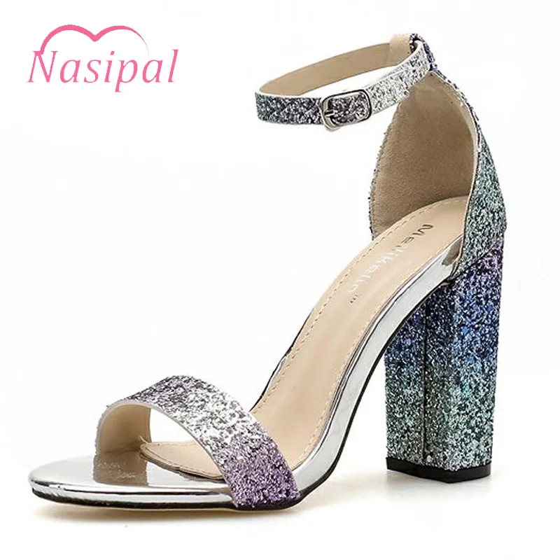 

Nasipal 2019 Summer Fashion Woman Thick High Heels Sandals Female Block Glitter Heels Pumps Lady Ankle Strap Chunky Silver Shoes