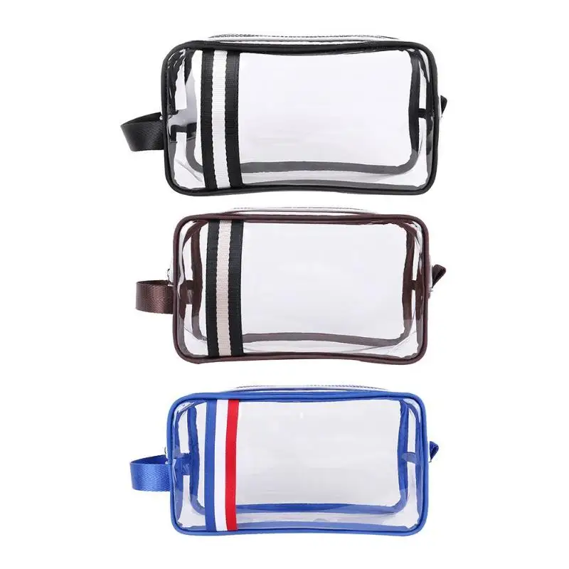 

PVC Transparent Storage Bag Stripe Makeup Bags Waterproof Travel Cosmetics Toiletry Bags Zip Lock Plastic Bags Organizer Pouch