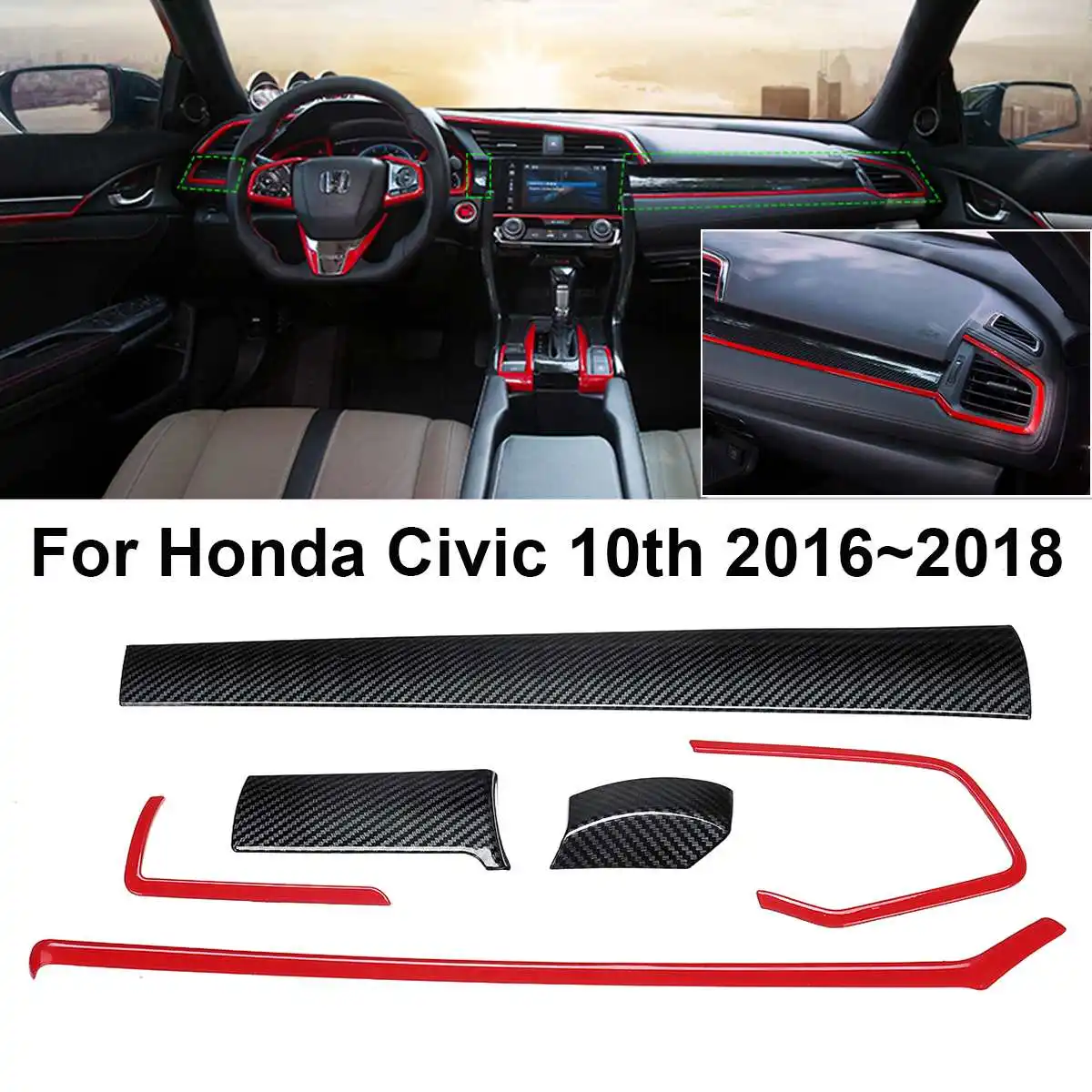 

6PCS Carbon Fiber Console Center Dashboard Cover Trims for Honda Civ ic 10th 2016 2017 Carbon Fiber Style Interior Mouldings