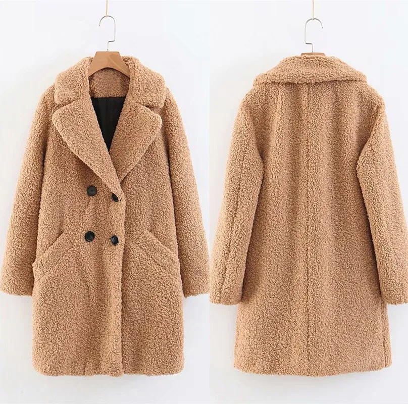 Новинка, одноцветное двубортное длинное шерстяное пальто для женщин, осенне-зимнее плюшевое пальто на пуговицах с карманами, теплая верхняя одежда