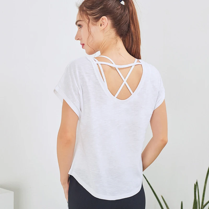 

Willarde Women's Cotton Yoga Shirts Tops Short Sleeve Sexy Backless Fitness Running Workout Sports T-shirts Gym Jerseys