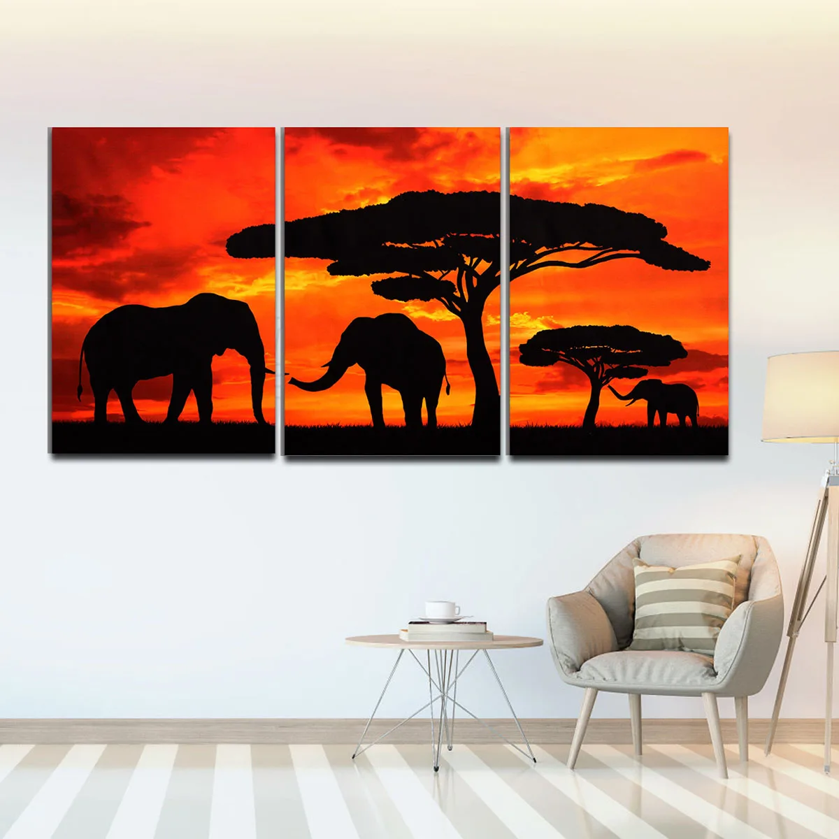 

Modular Canvas 3 Piece Elephant Sunset Painting Wall Art Pictures For Home 3 Panel Evening Sun Animal Print Canvas