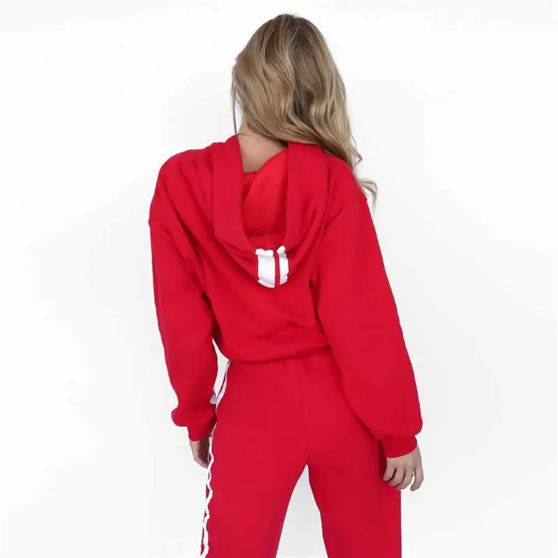 Color Stripe Short Belt Hoodie Casual Sport Suit Women Sweatshirt High Waist Pants Fashion Cotton Sports Suit Sets White Red Color Stripe Short Belt Hoodie Casual Sport Suit Women Sweatshirt High Waist Pants Fashion Cotton Sports Suit Sets White Red