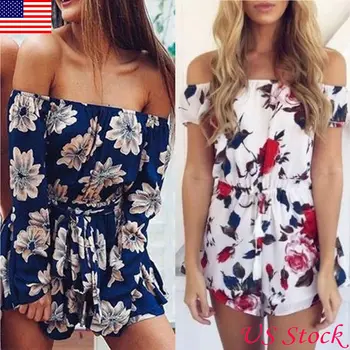 

Women Ladies Spring Summer off Shoulder Sexy Playsuits Fashion Short Sleeve Sashes Floral Print Hollow Bandage Skinny Jumpsuits