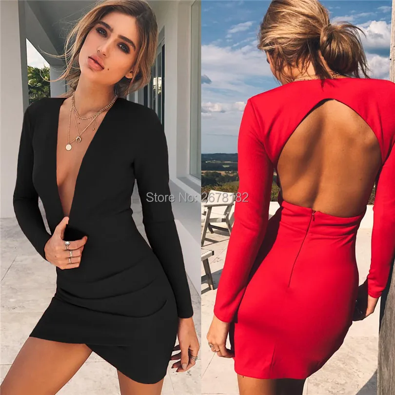 

Sexy Deep V Neck Low-cut Backless Dress Bodycon Women Tights Red Black Long Sleeve Autumn Winter Dress Party Night Club Dress