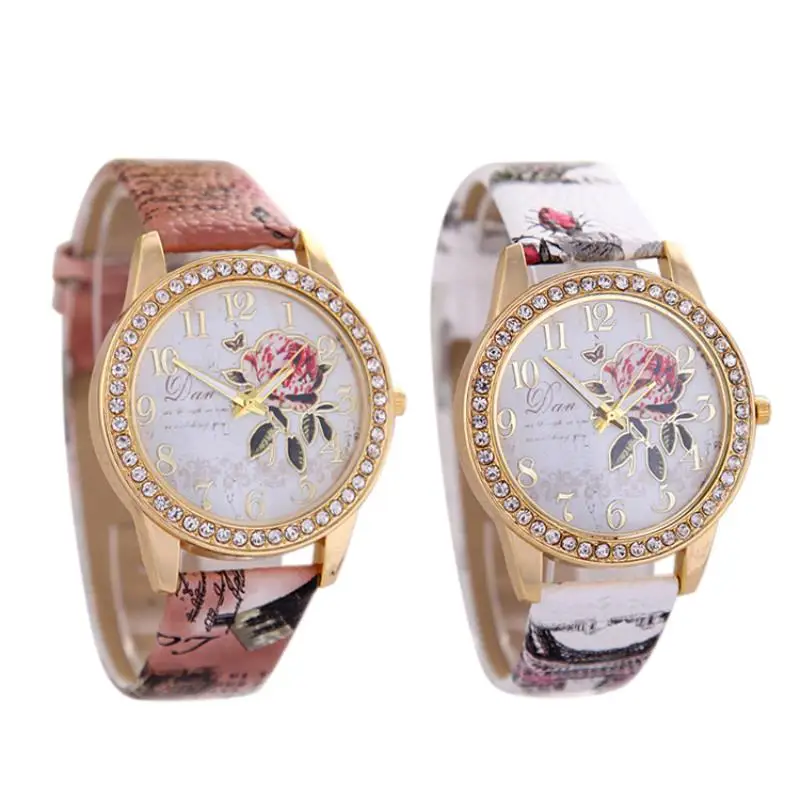 

Watches Women Fashion Flowers Printed Bracelet Watches PU Leather Strap Analog Quartz Wrist Watch relogio feminino