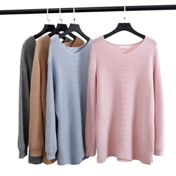 

PEONFLY Pullovers Women V Neck Solid Color Sweaters Female Clothes Hollow Hem Slit Jumper Streetwear Casual Loose Knitting Tops