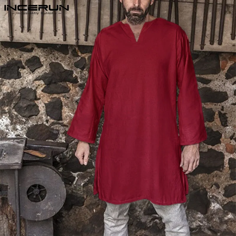 Vintage Dress Mens Shirt Cotton Medieval Renaissance Viking Tunic Long Sleeve Shirts Male Tops Camisas Kurta Men Clothes