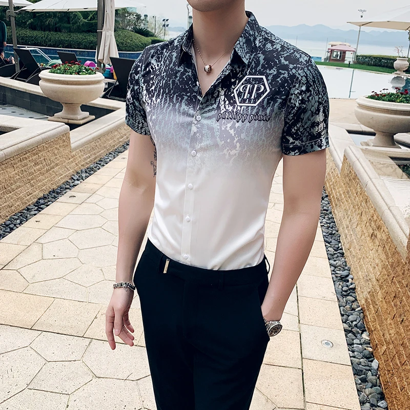 2019 градиентная кожаная рубашка с принтом для мужчин лето Slim Fit рубашки для мальчиков короткий рукав мода социального клуба Пром рубашка Camisa