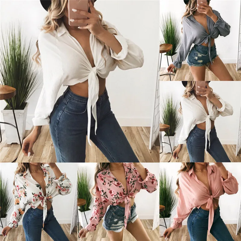 

HIRIGIN Womens Summer V-neck Blouse Chiffon Long Sleeve Loose Collar Crop Bandage Cute Tops