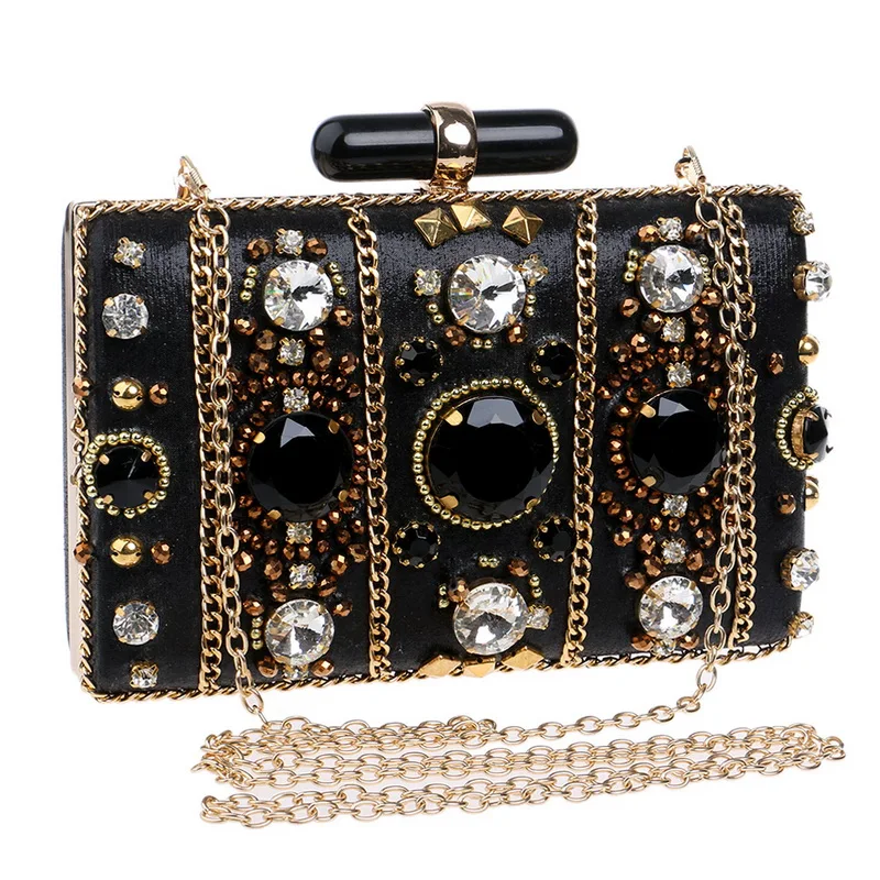 

Embroidery Women Handbags Beaded Chain Accessory Metal Day Clutches Party Wedding Evening Bags One Side Diamonds Purse