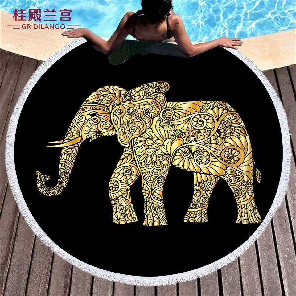 

GRIDILANGO Black Gold Elephant Round Beach Towel For Adult Quickly Absorbtable Swimming Travel Outdoor Home Yoga Mat Bath Towel