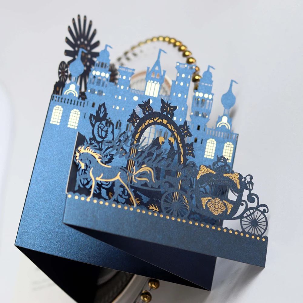 

Vintage 3D Gear Light Castle Carriage Fairy Lover Couple White/Dark Blue/Red 18*12.5CM Wedding Invitation Paper Cards Decoration