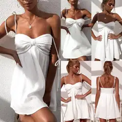 2019 новое женское сексуальное Белое Мини-Платье на бретельках с бантом